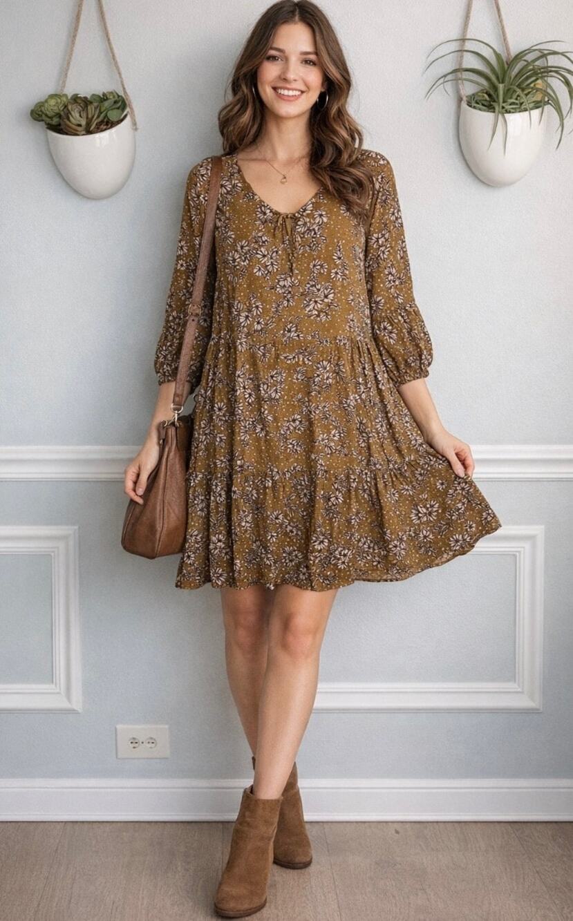 Ryllace Plus Size 20 1X Mustard Floral Tiered Peasant Dress Viscose